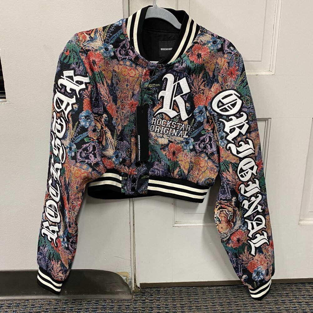 Rockstar Original Bomber Jacket Multicolor Floral Tapestry Cropped Size L
